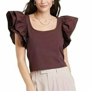 a new day Brown Ruffle Sleeve Crop Top